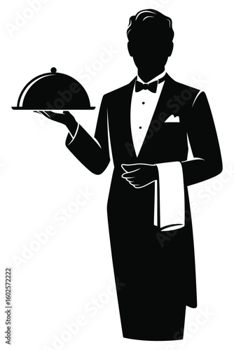 Elegant silhouette of a waiter serving food with a cloche