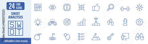 SWOT Analysis web icons in line style. Contains icons as strengths, weaknesses, opportunities, threat, strategy, advantage, disadvantage and more. Vector illustration.