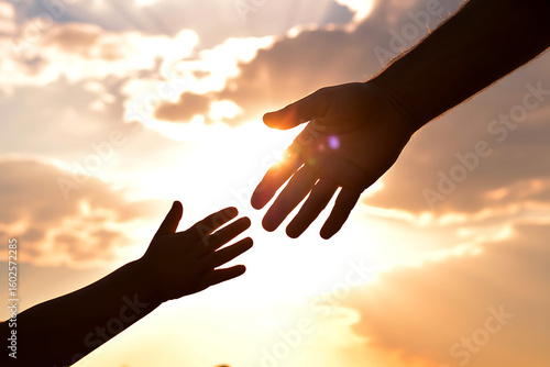 Helping hands reaching out to each other against a sunset sky