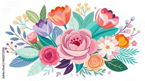 Vector art of a charming collection of spring flowers and leaves in a delightful mix of colors isolated on a white background