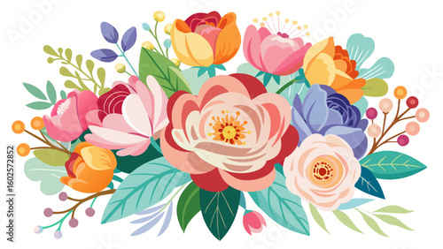 Vector art of an exquisite floral composition with a variety of blossoms and leaves in a rich color palette isolated on white background