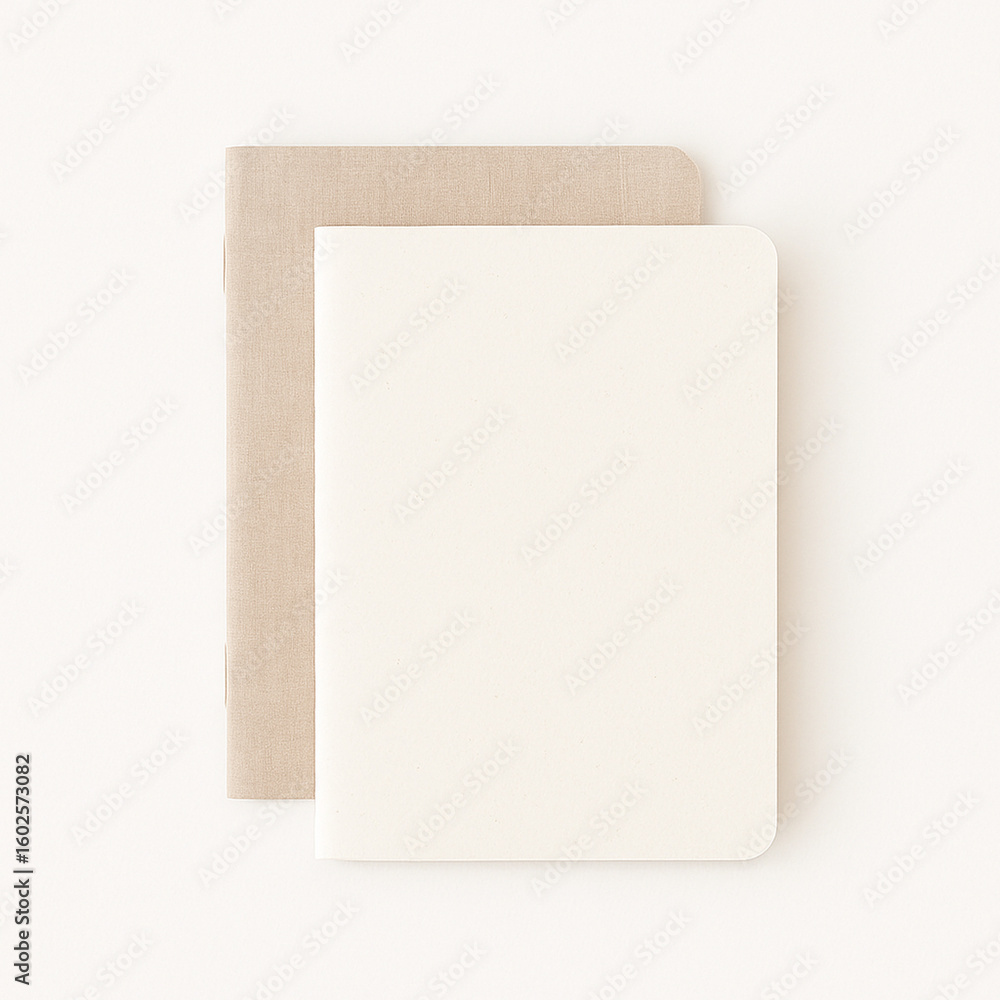 Fototapeta premium Top-down view of two minimalist notebooks stacked on a white background. One ivory matte, one linen-textured beige. Clean, neutral, unbranded design. Ideal for back-to-school or lifestyle themes.