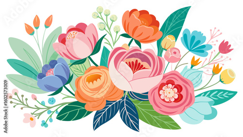 Vector art of a charming cluster of stylized flowers in pastel hues featuring pink orange and blue tones isolated on white