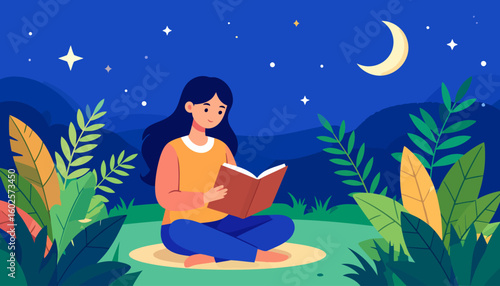 A serene young woman with long dark hair, wearing an orange shirt and blue pants, sits cross-legged while reading a book.