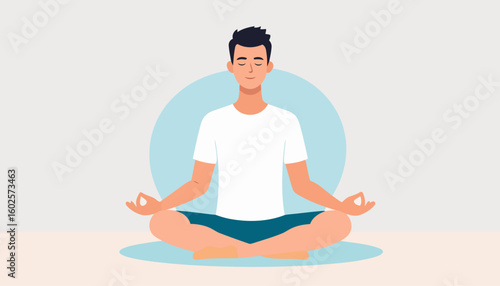 Serene young man with dark hair and closed eyes practicing yoga meditation in a cross-legged lotus pose, wearing casual clothes.
