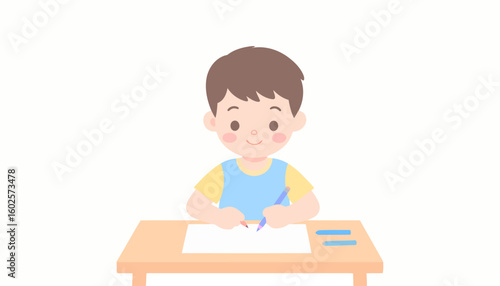 Cute cartoon boy with brown hair and rosy cheeks drawing with colored pencils at a wooden desk.