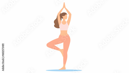 A slender woman with brown hair in pink sportswear practicing the Vrikshasana yoga tree pose.
