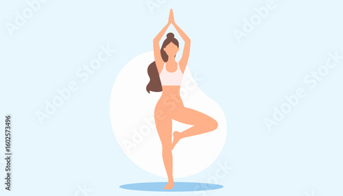 Minimalist flat illustration of a woman with long brown hair practicing the yoga tree pose.