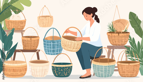A smiling woman with a dark ponytail, sitting and carefully examining a handmade wicker basket.