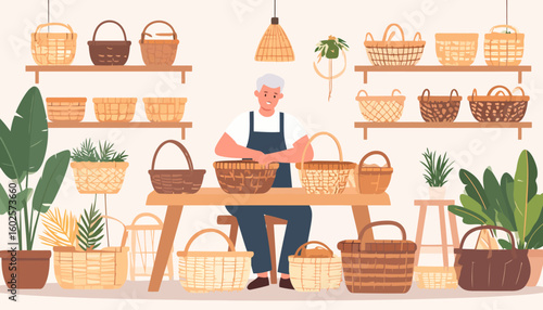 Elderly artisan with white hair in a blue apron, focused on weaving a traditional wicker basket at his wooden workbench.