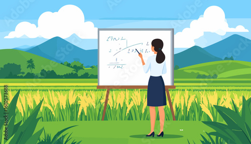 Rear view of a female teacher with a ponytail, wearing a blouse and skirt, pointing at a whiteboard during a lesson.
