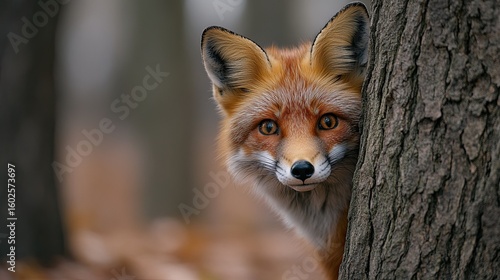 Wallpaper Mural Fox Peeking from Behind a Tree in the Forest  Torontodigital.ca