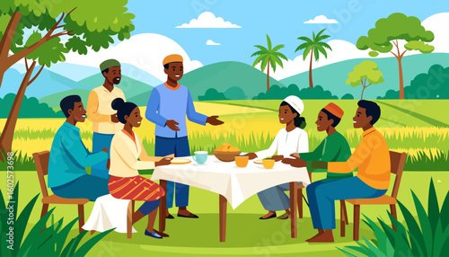 Joyful Black family and friends in colorful clothes sharing food at an outdoor table.