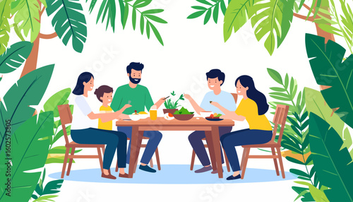 Happy group of friends and family sharing a meal at an outdoor wooden table.