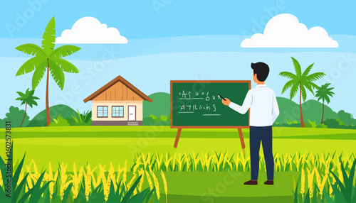 Male teacher with black hair writing on a green chalkboard on a wooden easel.