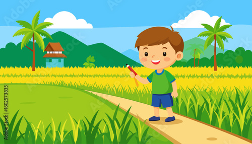 Happy cartoon boy with brown hair in a green shirt and blue shorts holding a large red pencil.