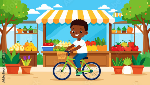Vibrant farmers' market scene with a happy boy riding a green bicycle past fresh produce stalls.