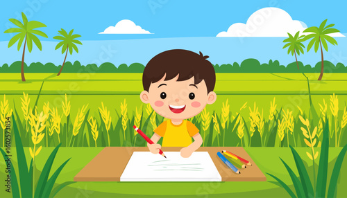 A happy cartoon boy with brown hair, drawing with a red pencil at a wooden desk.