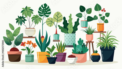 Vector art of a vibrant collection of various potted houseplants arranged together