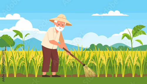 Elderly farmer with a white beard and conical hat working in a vibrant rice paddy.
