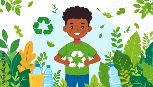 Smiling Black boy with curly hair proudly pointing to the recycling symbol on his green t-shirt.
