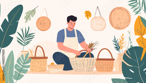 Male artisan in a blue shirt and apron sitting cross-legged, weaving a natural wicker basket.