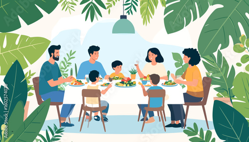 Happy multi-generational family with children having a festive dinner. Adults and kids are eating and talking together at a long table.