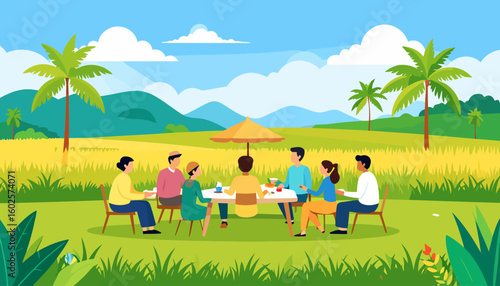 A diverse group of seven friends in colorful casual wear enjoying a picnic meal together at a table under a yellow umbrella.
