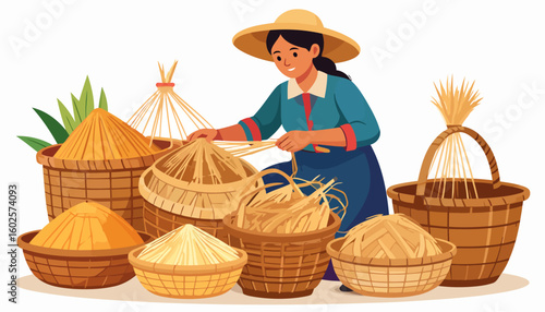 Smiling female artisan in a sun hat skillfully weaving a traditional conical straw hat.