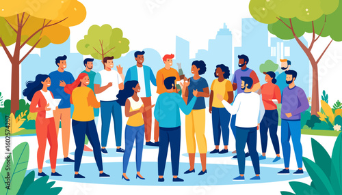 A large, diverse group of smiling people in colorful clothes, socializing and communicating in a modern flat illustration.