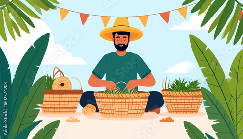 Bearded man in a yellow hat sitting cross-legged, weaving green plants into a large wicker basket.
