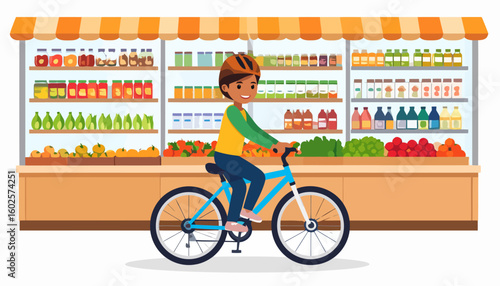 A smiling young cyclist wearing a yellow shirt and orange helmet rides a modern blue bicycle.