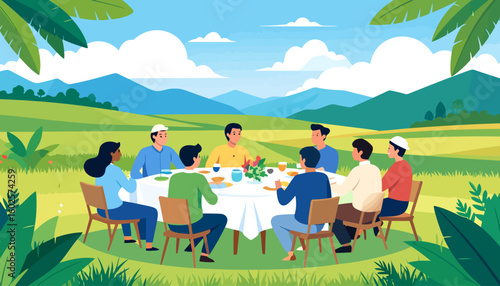 Diverse group of friends in casual clothes dining together at a round table. Flat vector illustration of people sharing a meal and conversation.