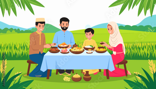 A cheerful Muslim family, parents and two sons, sharing a traditional meal at an outdoor table.
