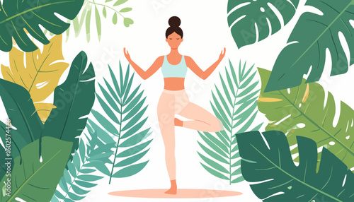 A calm woman with closed eyes and a top bun in a yoga Tree Pose (Vrikshasana).