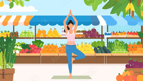 Illustration of a woman with dark hair in a ponytail, practicing the yoga tree pose (Vrikshasana) while wearing athletic attire.