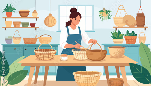 Artisan woman with a hair bun crafting a wicker basket in her cozy, plant-filled workshop.