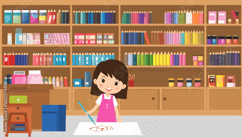 A smiling young girl with short brown hair, wearing a pink apron, happily drawing on paper with a blue pencil.