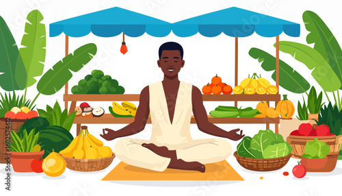 Calm Black man meditating in lotus pose at a vibrant tropical fruit and vegetable market stall.