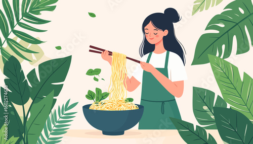 A serene woman with black hair in a green apron lifting fresh noodles with chopsticks from a bowl.