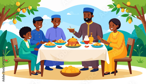Joyful Black Muslim family in colorful traditional attire sharing a festive meal at a table.