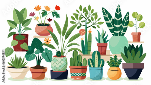 Vector art of a vibrant collection of various potted houseplants and succulents in colorful pots creating a lively indoor jungle atmosphere