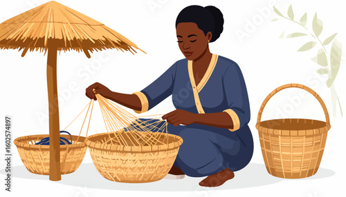 A focused Black woman in a blue tunic skillfully weaving a traditional wicker basket.