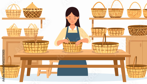 A calm female artisan in a blue apron, focused on weaving a handmade wicker basket at her workbench.
