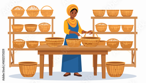Smiling artisan woman in a blue apron and yellow headscarf weaving a traditional wicker basket.