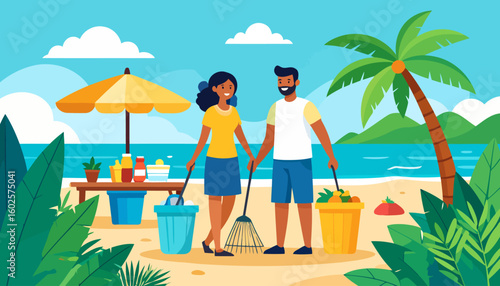 Smiling couple holding hands, a rake, and buckets full of trash during a cleanup.