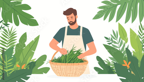 A smiling bearded man in an apron carefully arranges fresh green herbs in a woven wicker basket.