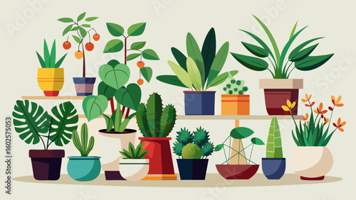 Vector art of an assortment of potted houseplants arranged on shelves and on the floor isolated on white background