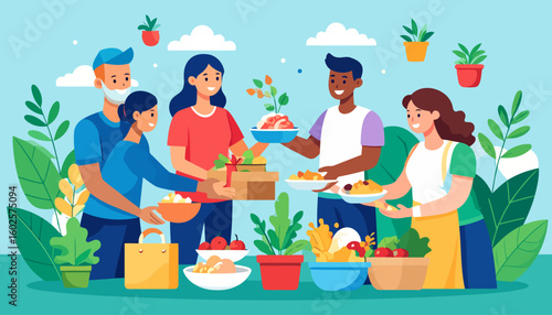 A diverse group of smiling volunteers sharing food and gifts in a flat illustration style.