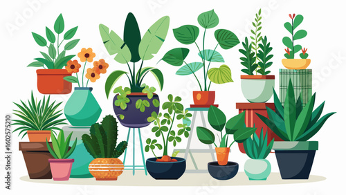 Vector art of a diverse ensemble of potted houseplants and succulents displayed in various pots isolated on white background